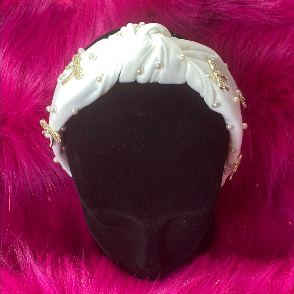 White Pearl & Crystal Bow Embellished Headband